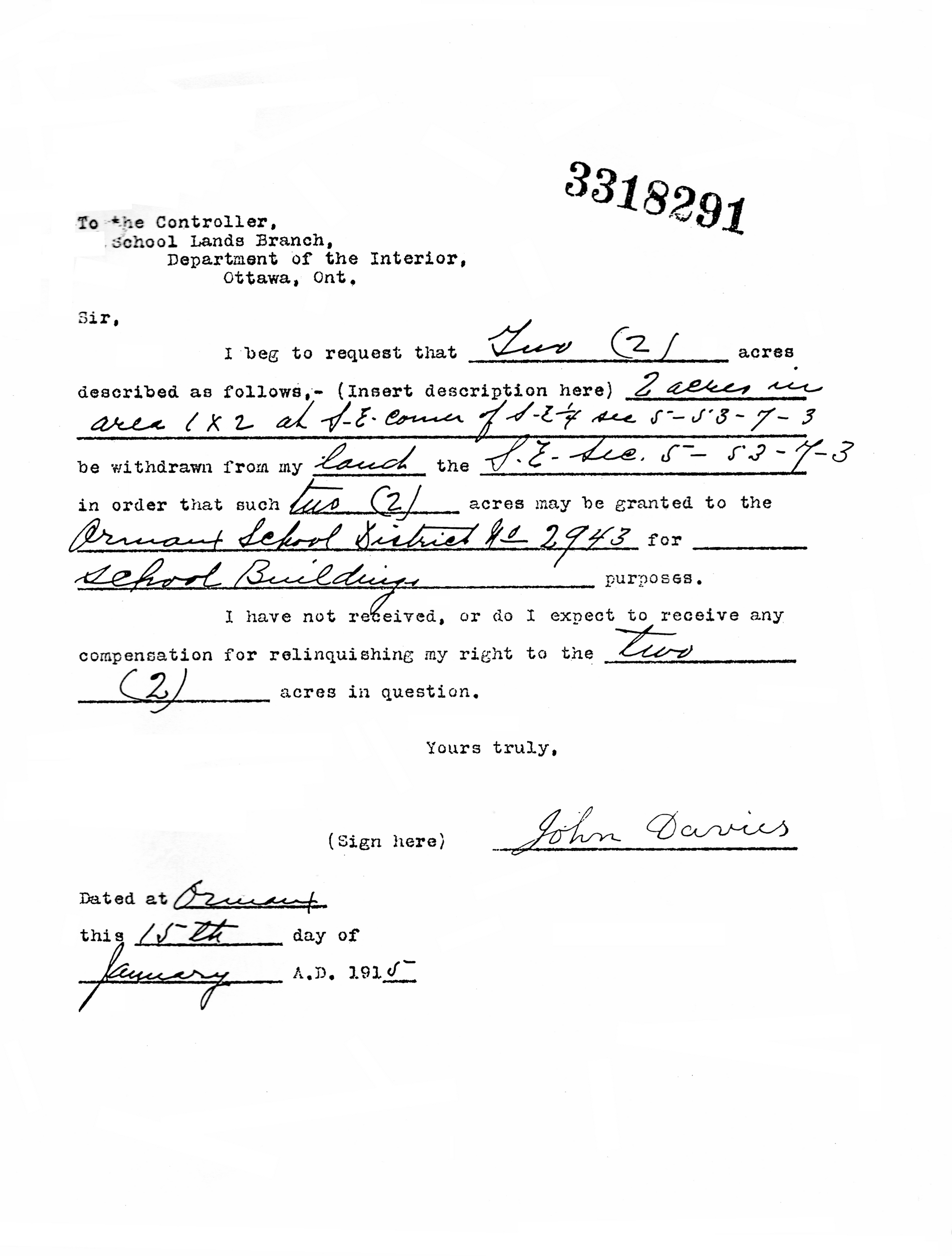 Ormeaux School District No.2943, South east corner of the south east quarter of section 5 township 53 range 7 west of the third , January 15, 1915,